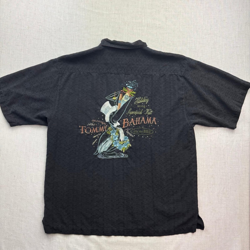 VTG Tommy Bahama Silk Shirt Mens Large Black Holiday Survival Kit Retro Aloha